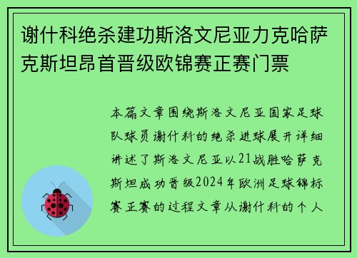 谢什科绝杀建功斯洛文尼亚力克哈萨克斯坦昂首晋级欧锦赛正赛门票