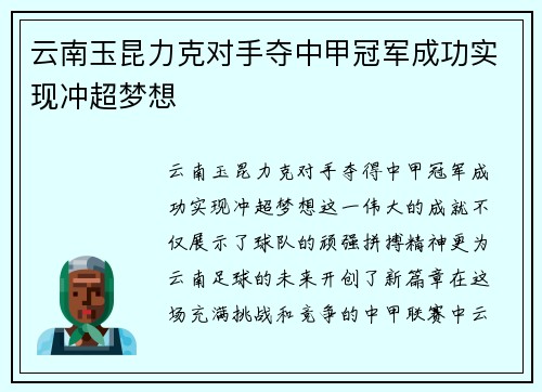云南玉昆力克对手夺中甲冠军成功实现冲超梦想