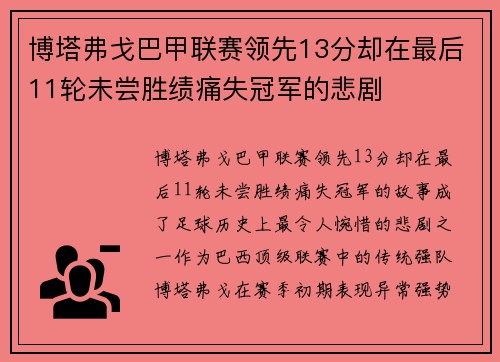博塔弗戈巴甲联赛领先13分却在最后11轮未尝胜绩痛失冠军的悲剧