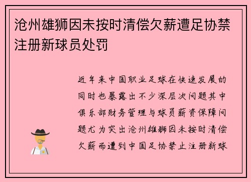沧州雄狮因未按时清偿欠薪遭足协禁注册新球员处罚